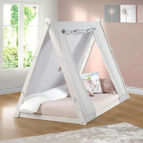 P'kolino Kid's Tent Twin Floor Bed, White Frame/Grey Tent