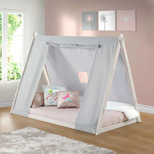 P'kolino Kid's Tent Twin Floor Bed, White Frame/Grey Tent