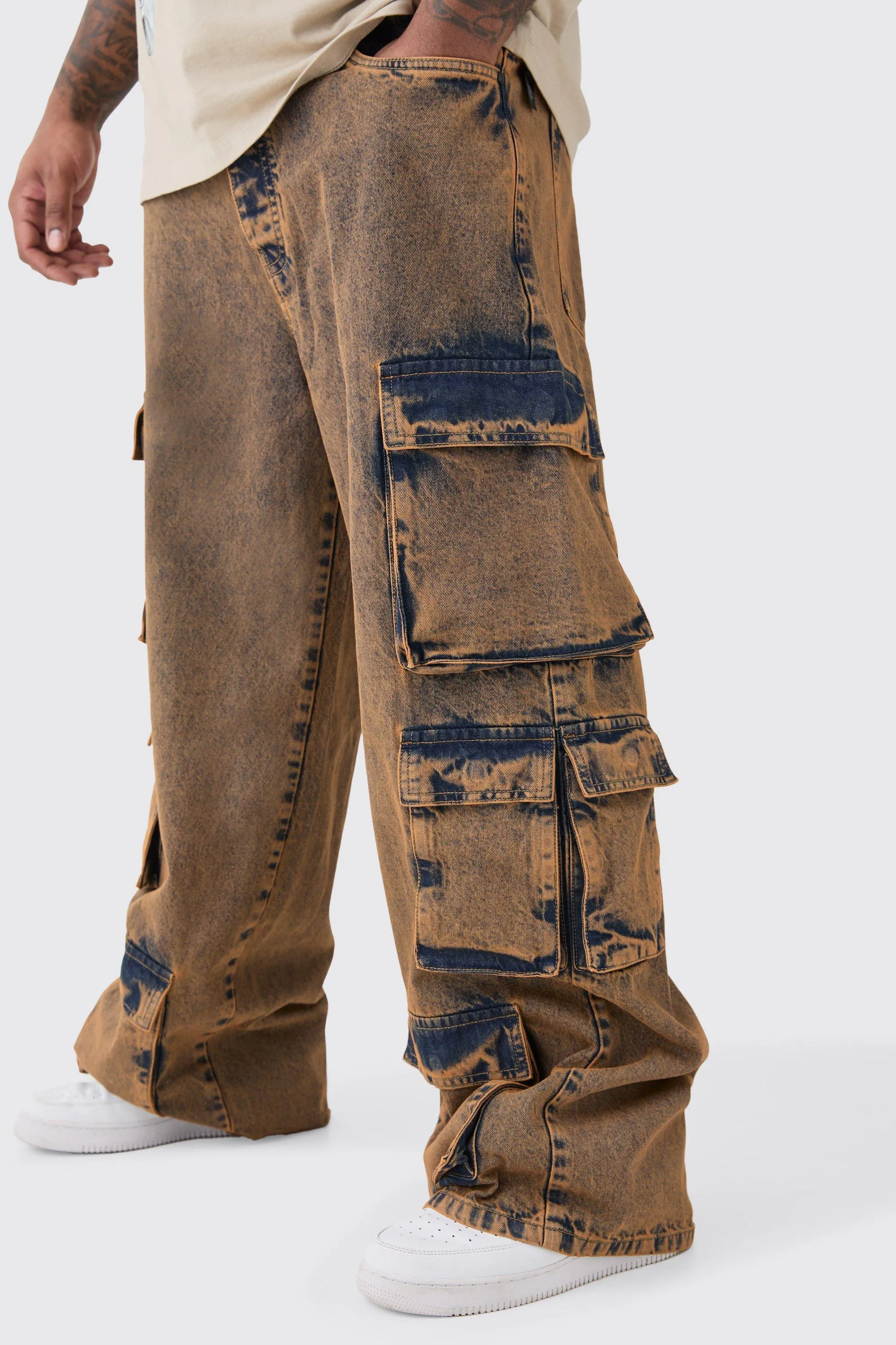 Plus Baggy Fit Acid Wash Cargo Jeans