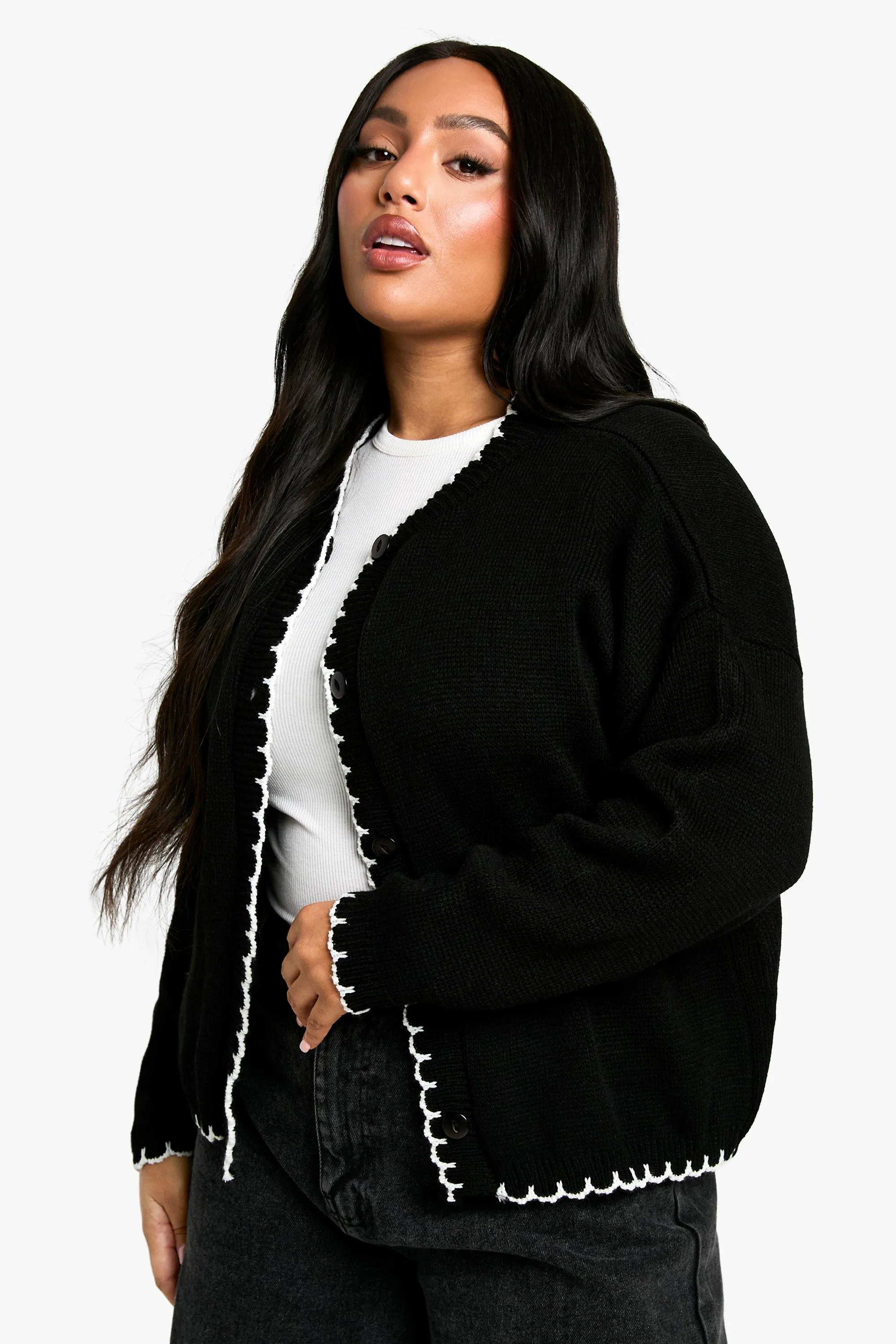 Plus Blanket Stitch Knitted Crop Cardigan