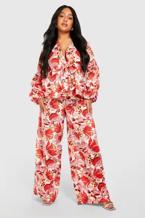 Plus Floral Peplum Top & Wide Leg Pants