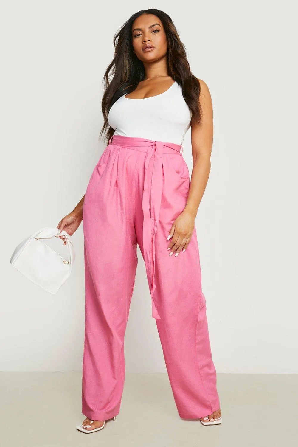 Plus Linen Belted Wide Leg Pants