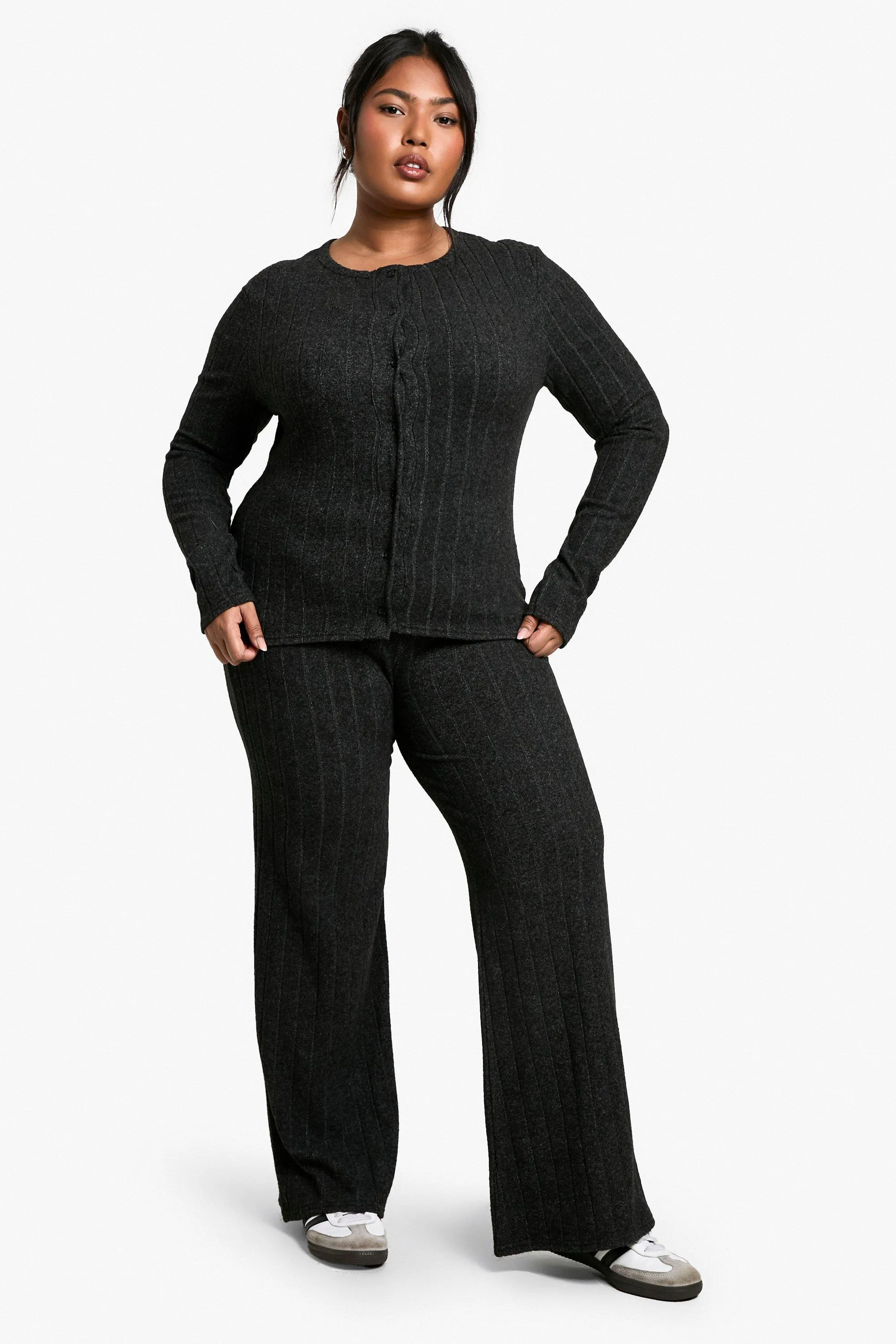 Plus Soft Rib Button Through Cardigan And Pants Knitted Set