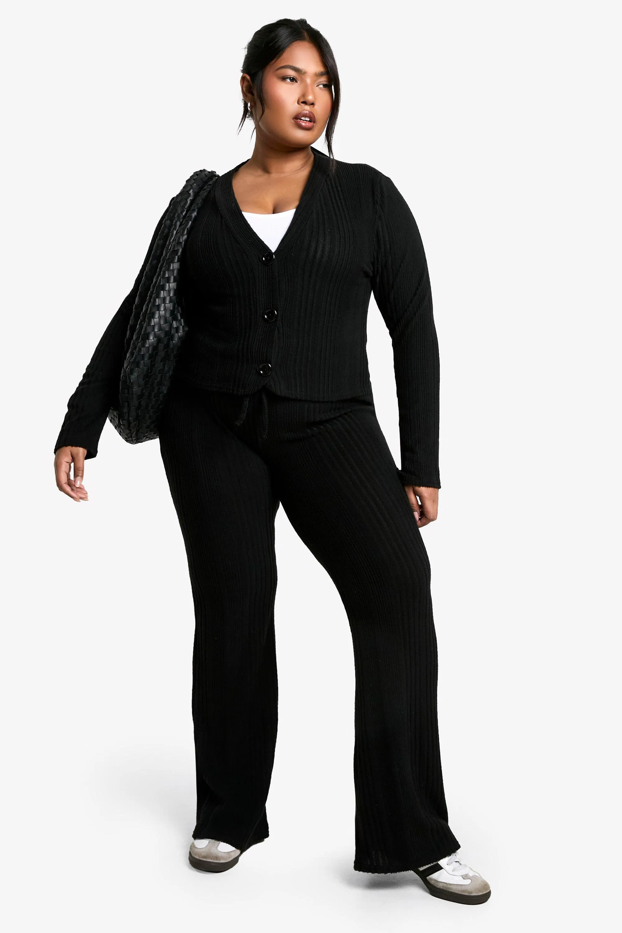 Plus Soft Rib Cardigan And Drawstring Pants Knitted Set