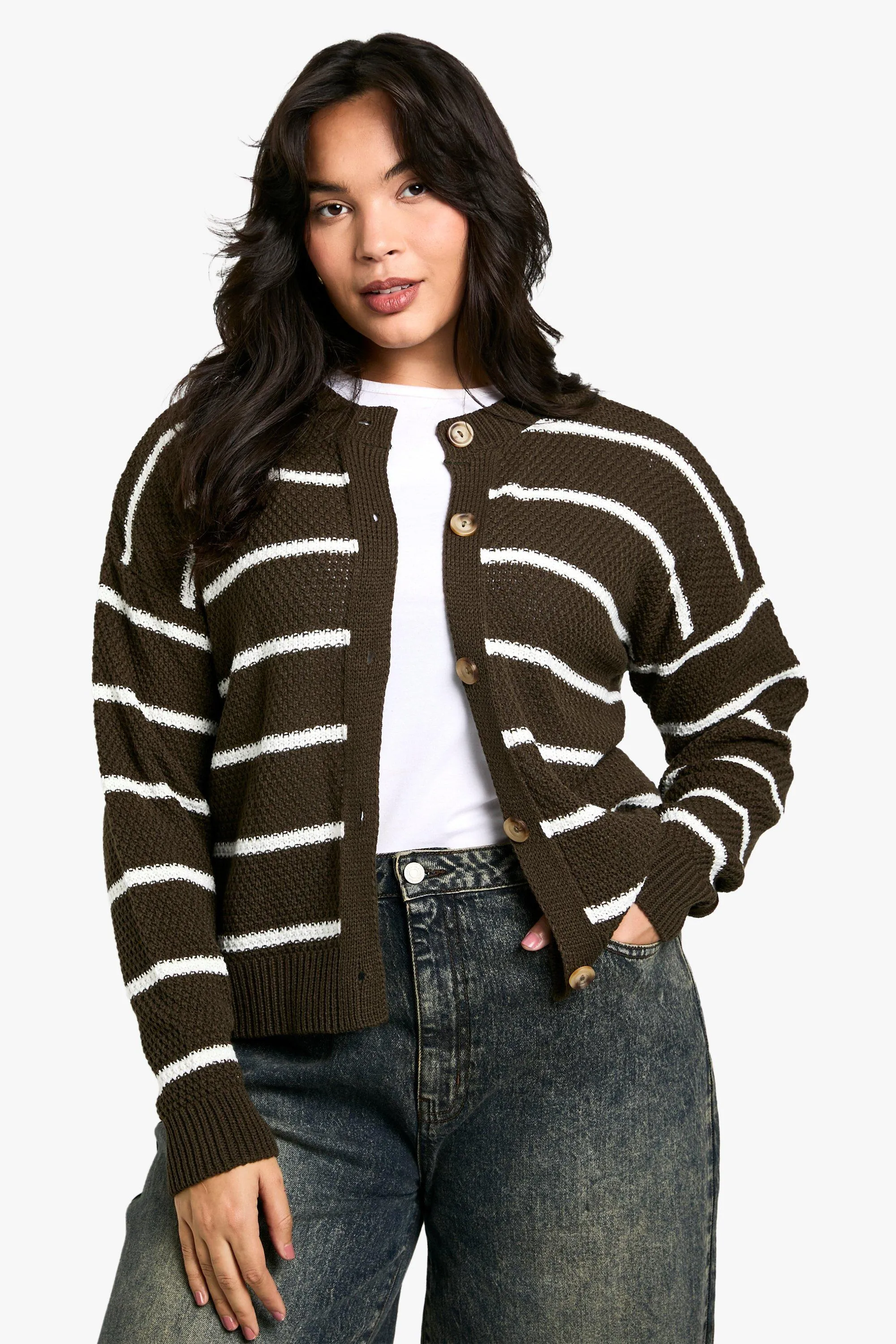 Plus Stripe Crew Neck Soft Knit Cardigan