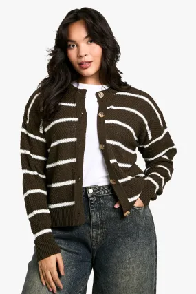 Plus Stripe Crew Neck Soft Knit Cardigan