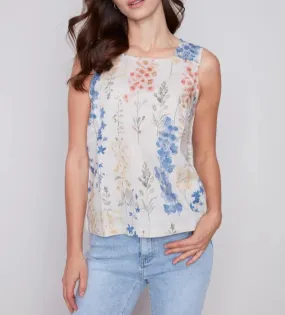 Printed Sleeveless Linen Top with Button Detail