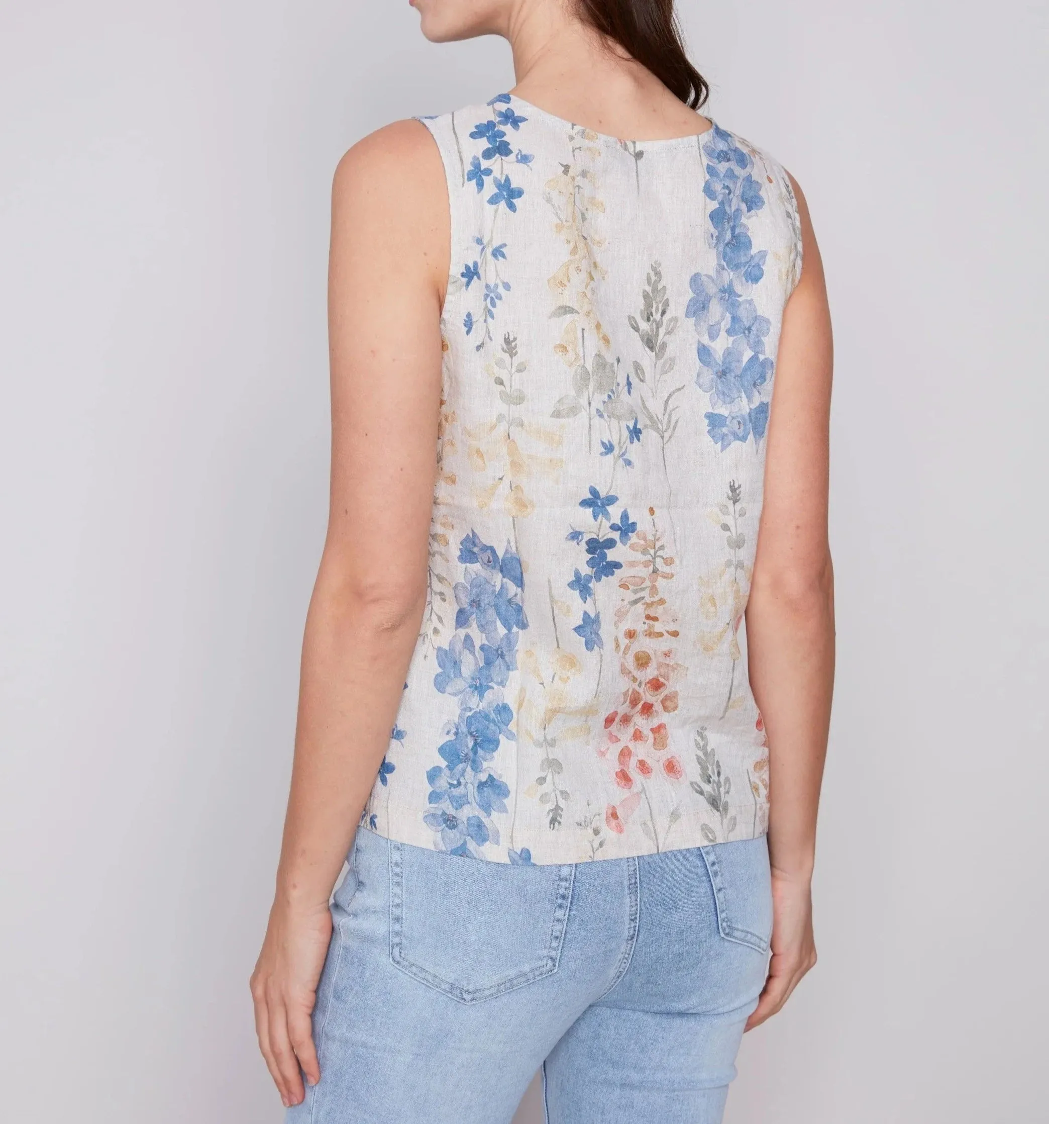 Printed Sleeveless Linen Top with Button Detail