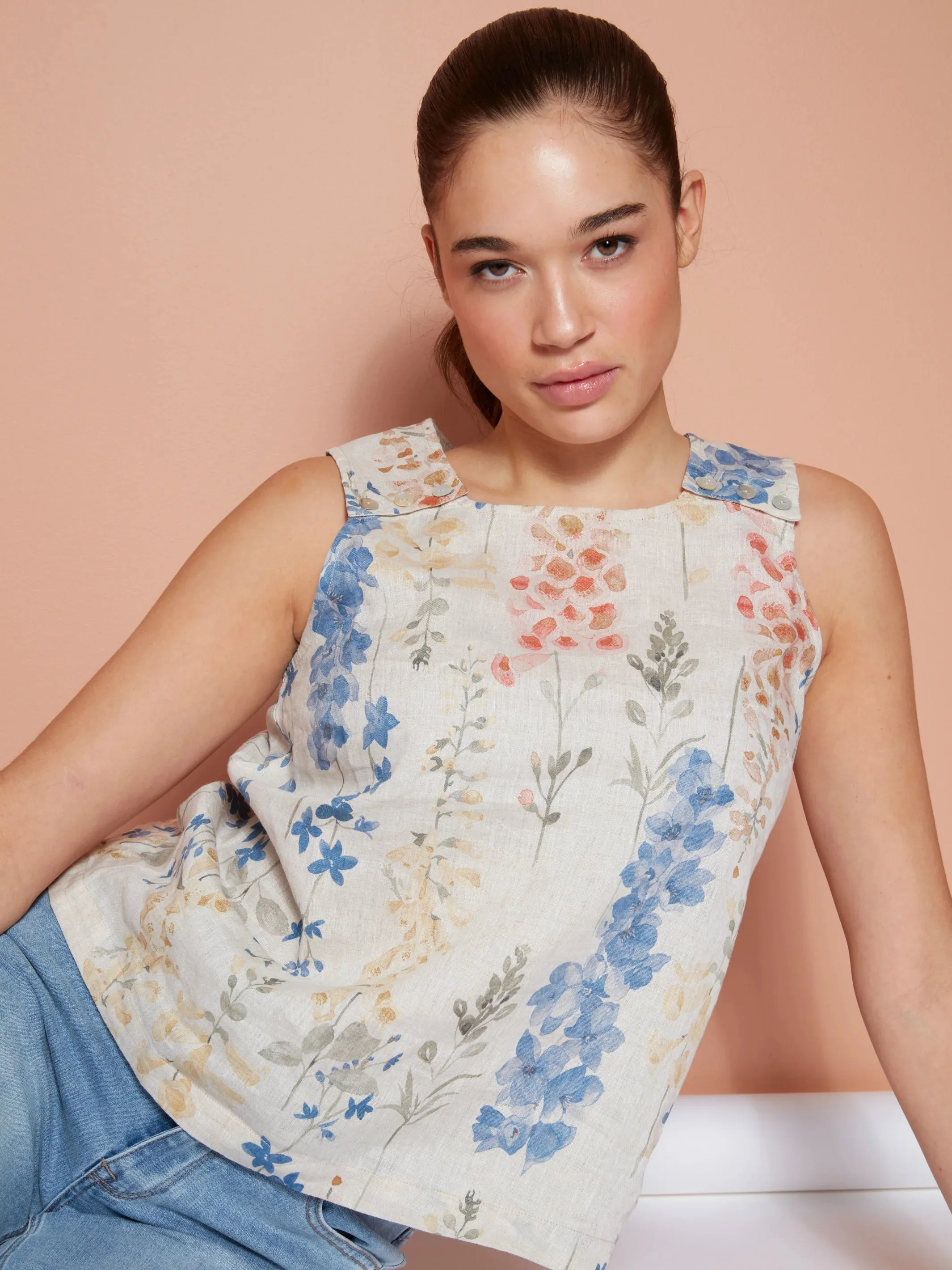 Printed Sleeveless Linen Top with Button Detail