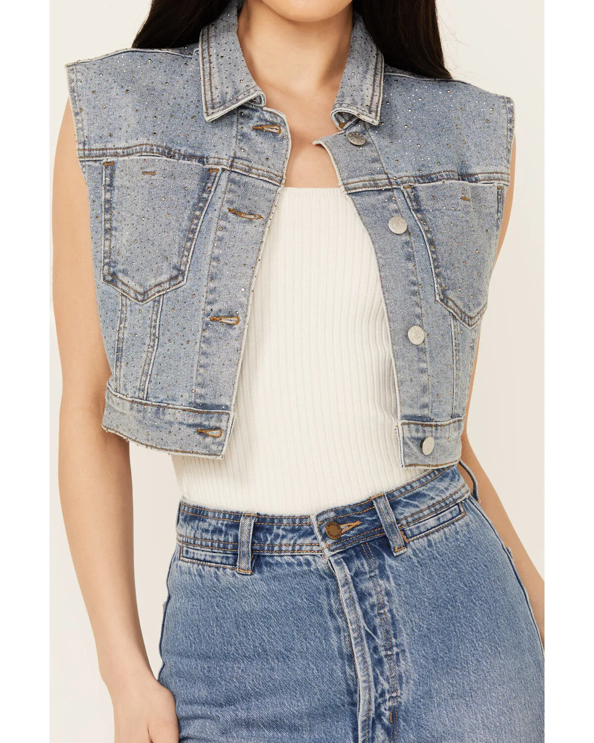 Product Name:  Vibrant Denim Women's Cropped Embellished Light Wash Denim Vest