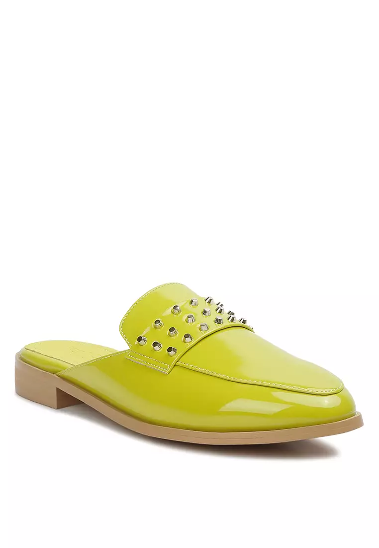 Rag & CO. Lime Green Patent Studded Flat Mules