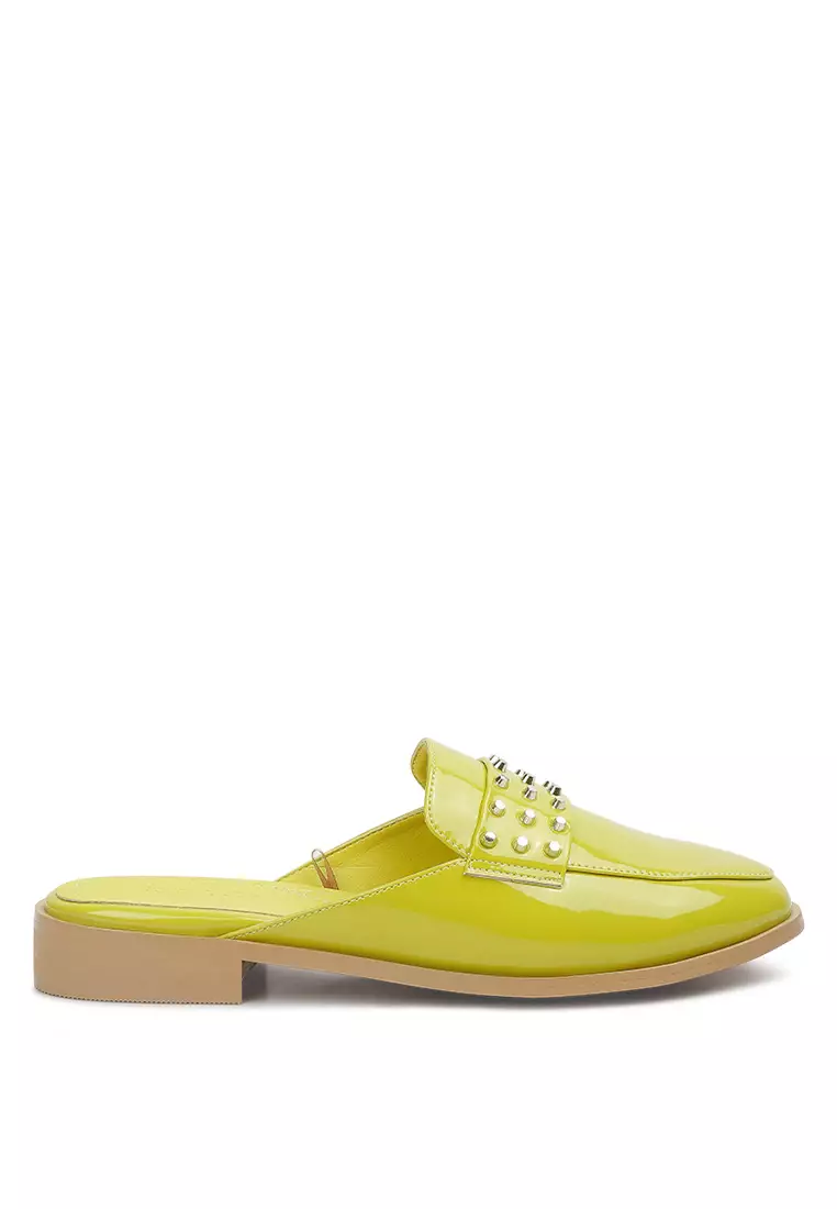 Rag & CO. Lime Green Patent Studded Flat Mules