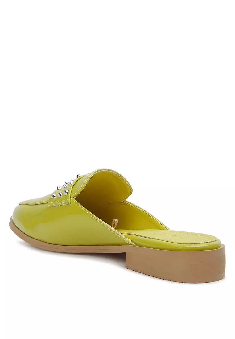 Rag & CO. Lime Green Patent Studded Flat Mules