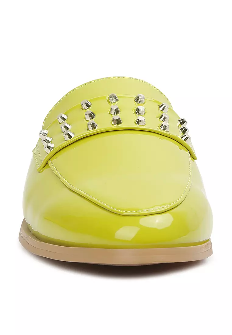 Rag & CO. Lime Green Patent Studded Flat Mules