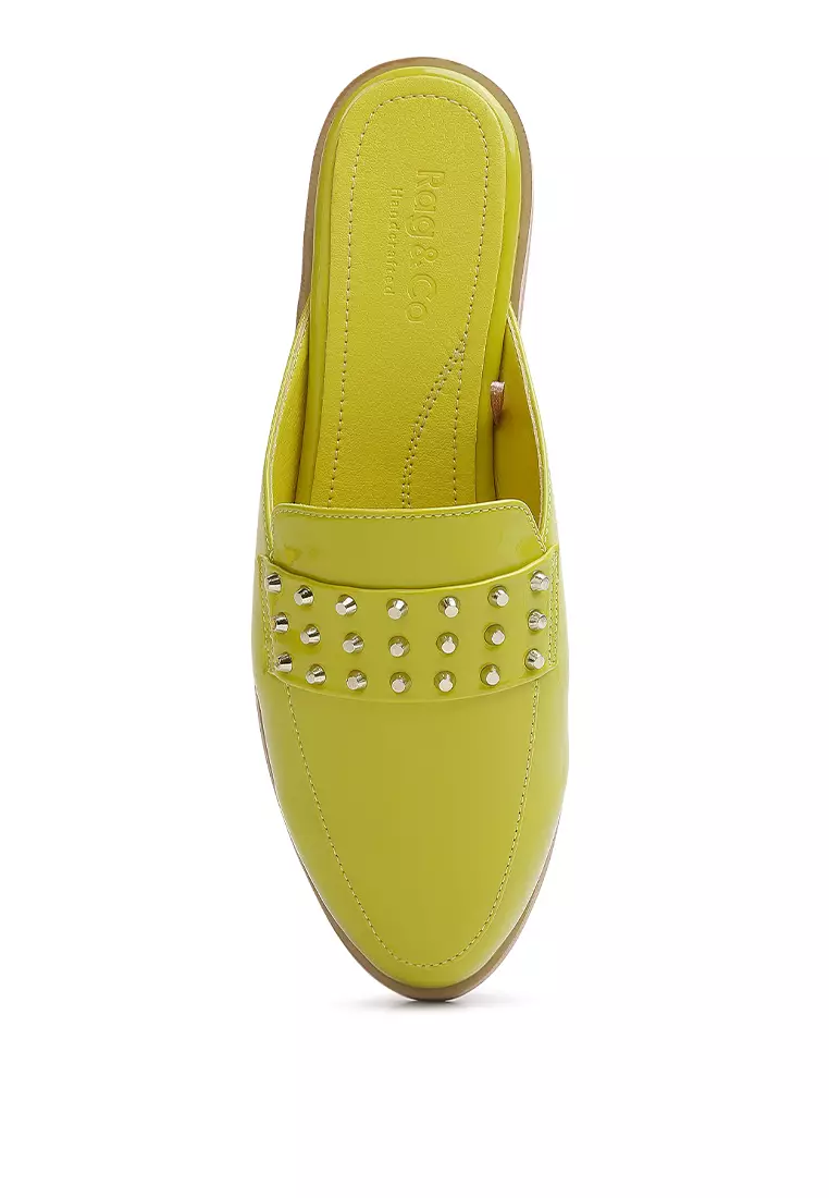 Rag & CO. Lime Green Patent Studded Flat Mules