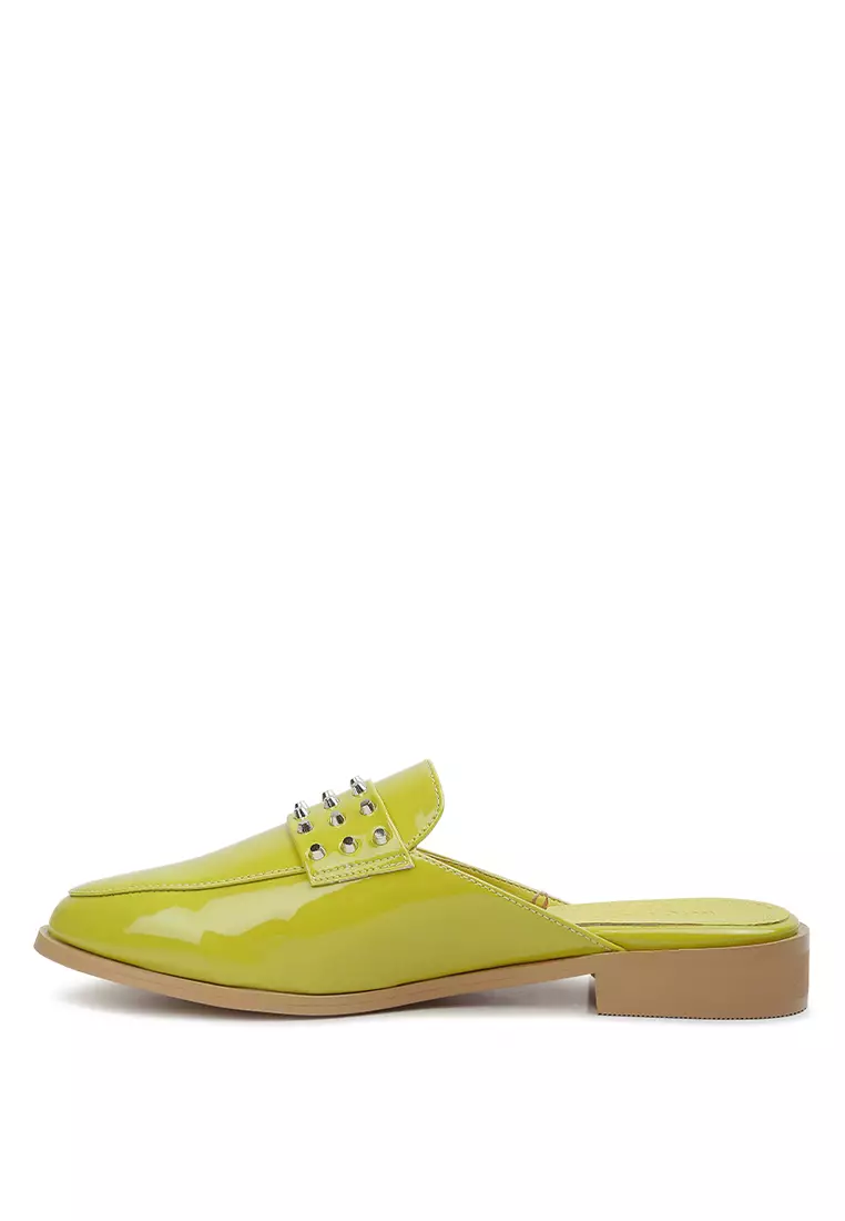 Rag & CO. Lime Green Patent Studded Flat Mules