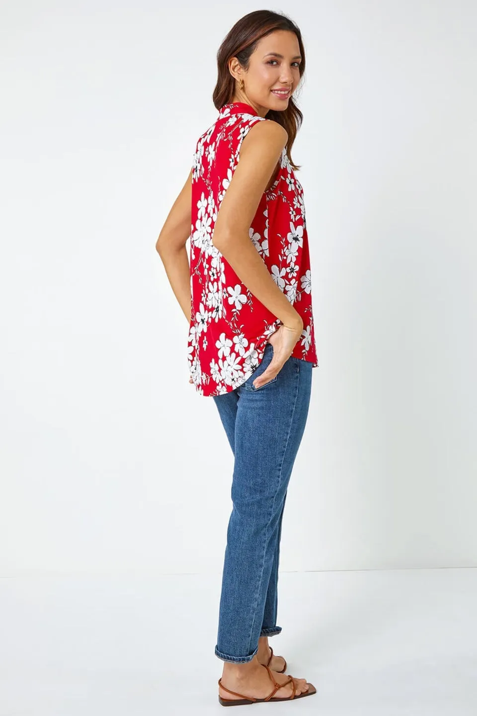 Roman Red Textured Floral Print Sleeveless Top