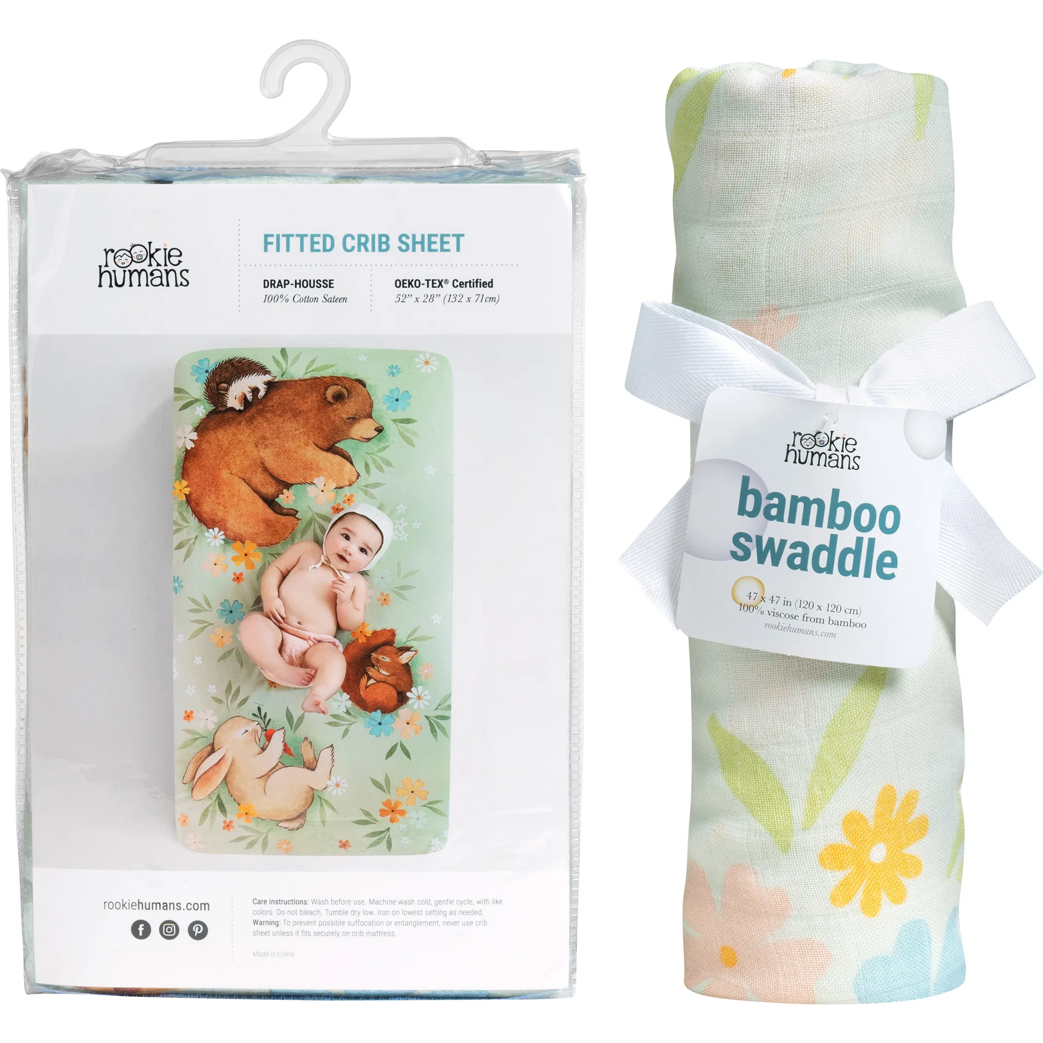 Rookie Humans Crib Sheet And Swaddle Bundle, Enchanted Meadow