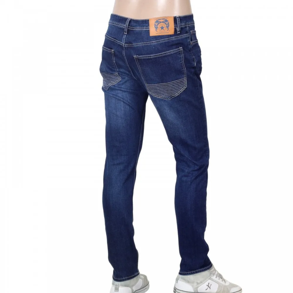 RPQ16135 Mens Washed Dark Blue Slim Japanese Stretch Denim Jeans with Fading and Creasing