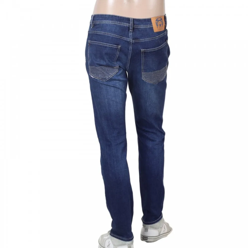 RPQ16135 Mens Washed Dark Blue Slim Japanese Stretch Denim Jeans with Fading and Creasing