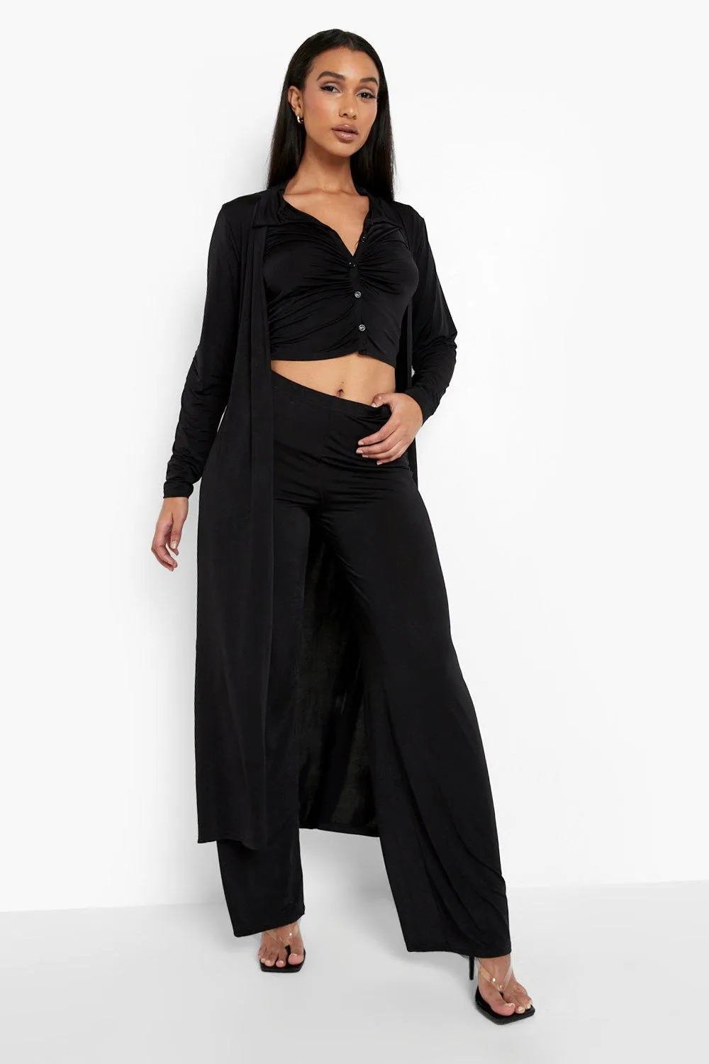 Ruched Shirt, Wide Leg Pants & Duster Set