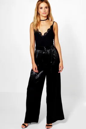 Saskia Tie Waist Satin Woven Wide Leg Pants