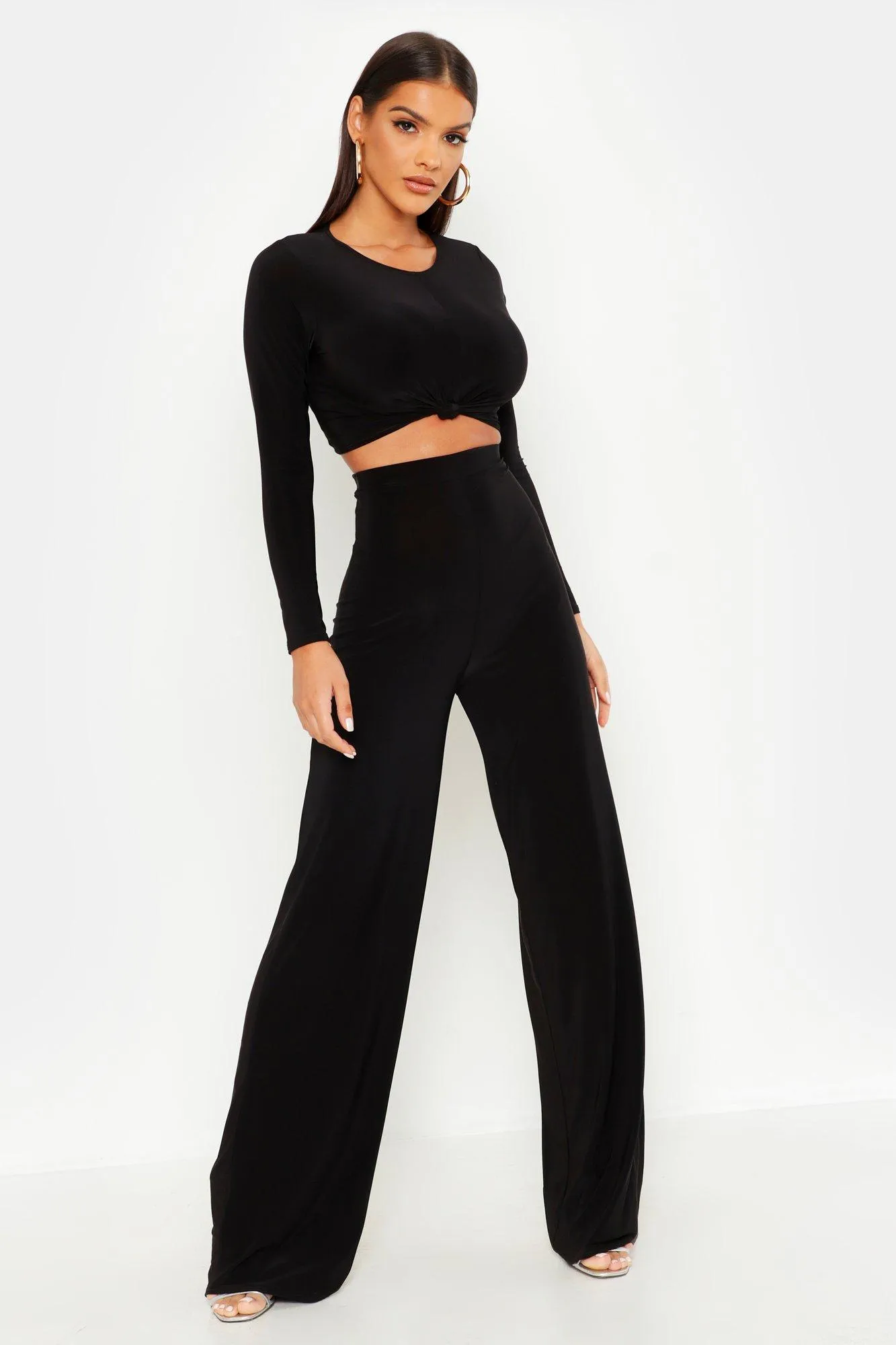 Slinky Top Knot And Wide Leg Pants Two-Piece Set