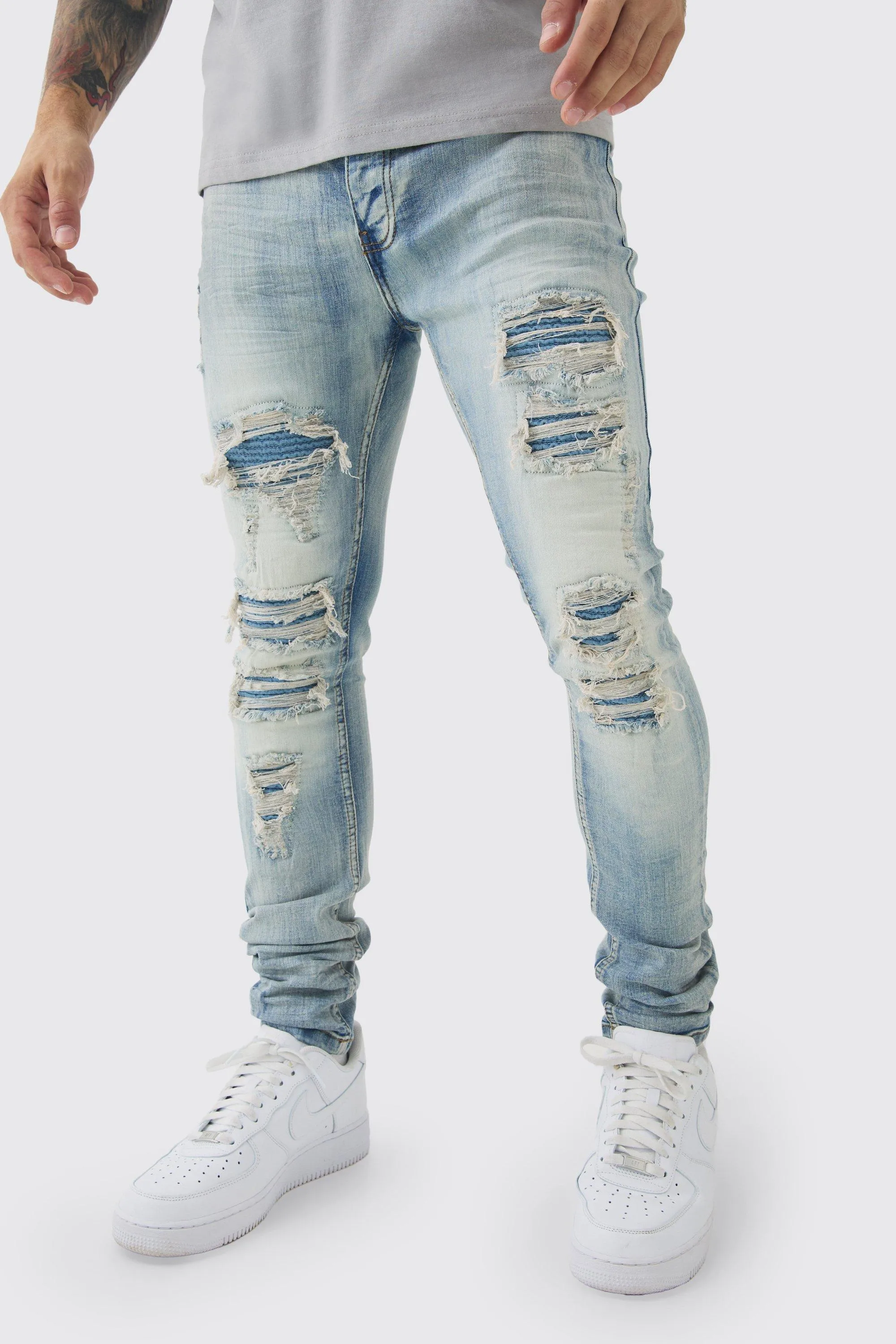 Super Skinny Stretch Pale Blue Biker Rip & Repair Jeans