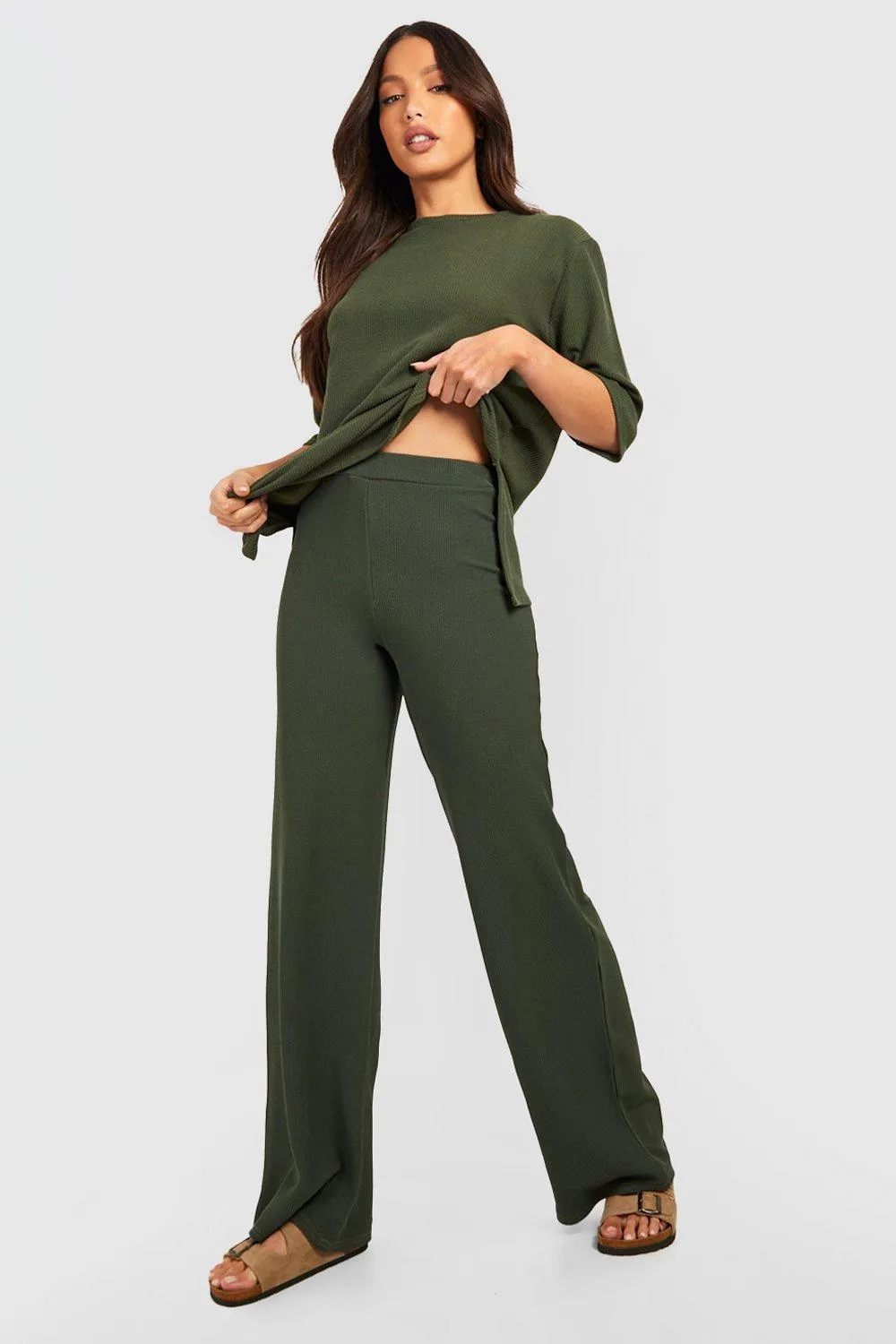 Tall Ripple Rib High Waisted Wide Leg Pants