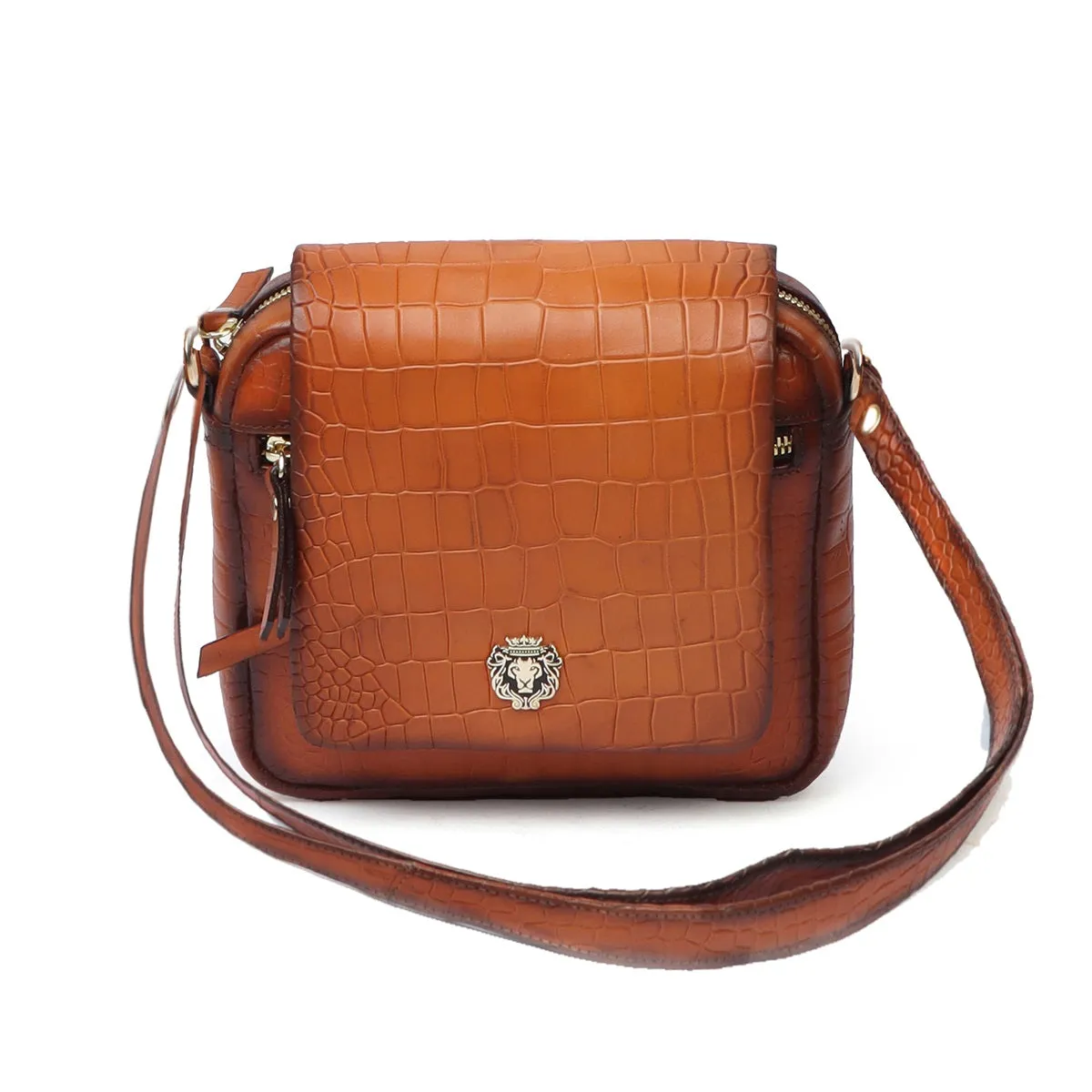 Tan Deep Cut Croco Multi Pockets Flap-Over Crossbody Bag With Metal Lion Logo By Brune & Bareskin