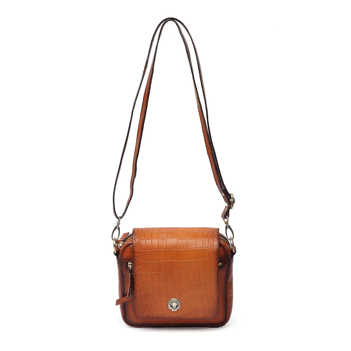 Tan Deep Cut Croco Multi Pockets Flap-Over Crossbody Bag With Metal Lion Logo By Brune & Bareskin