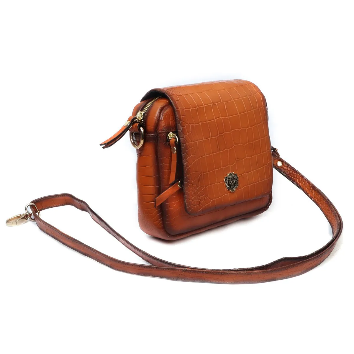 Tan Deep Cut Croco Multi Pockets Flap-Over Crossbody Bag With Metal Lion Logo By Brune & Bareskin