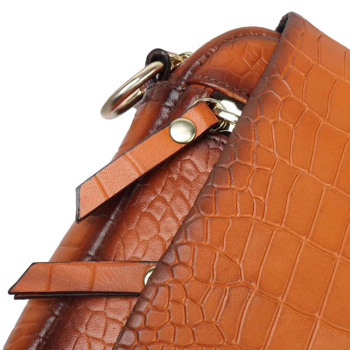 Tan Deep Cut Croco Multi Pockets Flap-Over Crossbody Bag With Metal Lion Logo By Brune & Bareskin