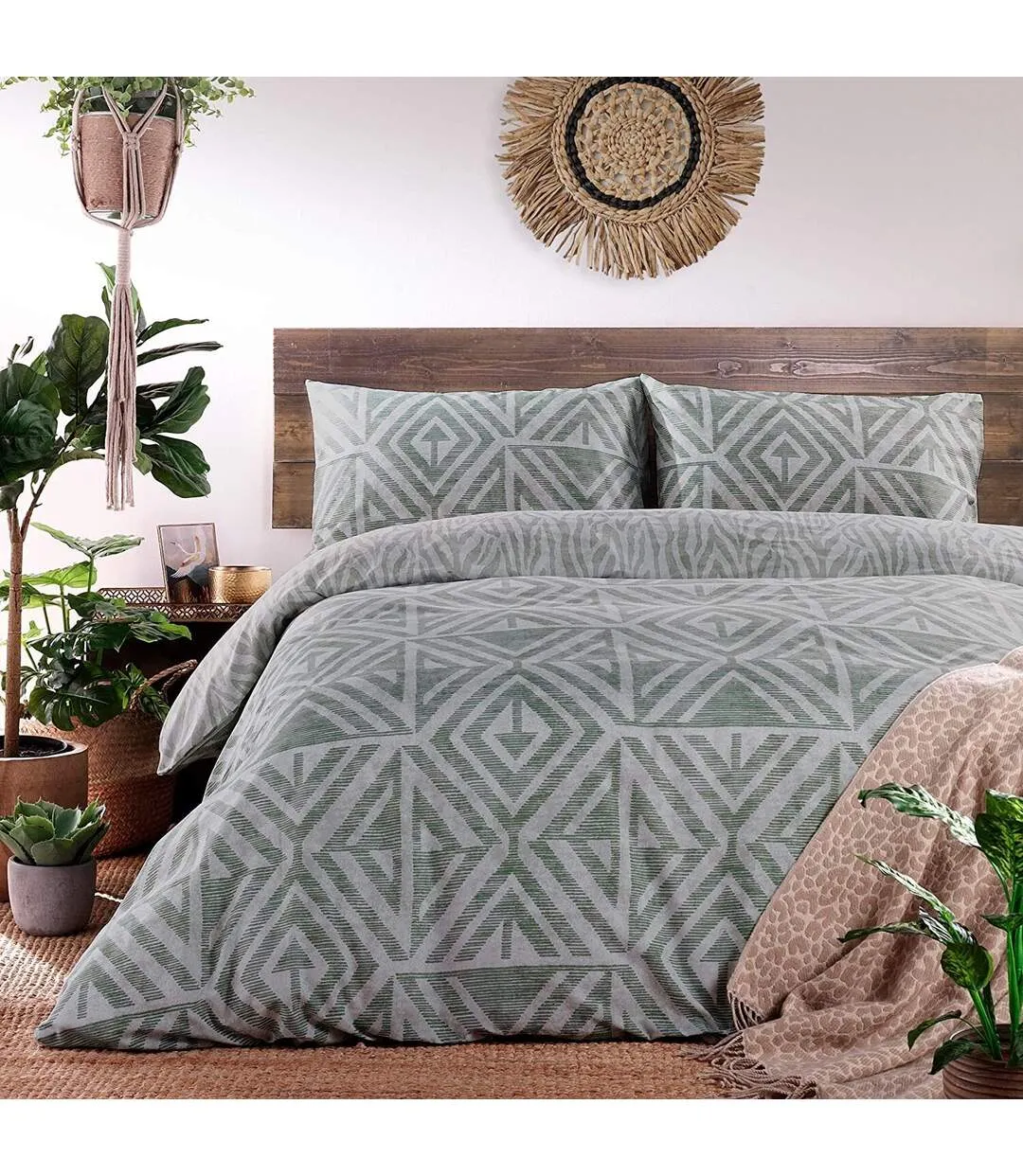 Tanza global geometric duvet cover set sage green Furn