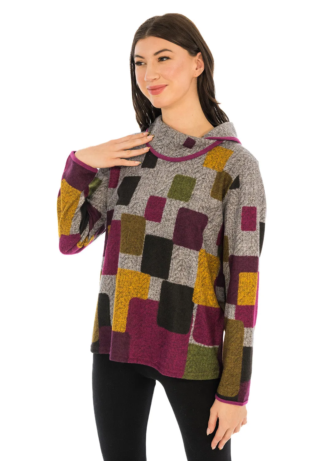 Trisha Tyler 11564 Contrast Trim Twist Neck Block Pattern Sweater