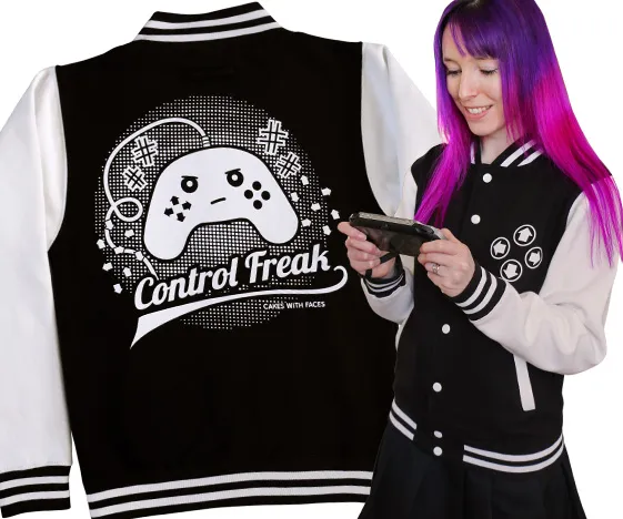 Unisex Varsity Jacket for Gamers: "Control Freak" | Cakes with Faces