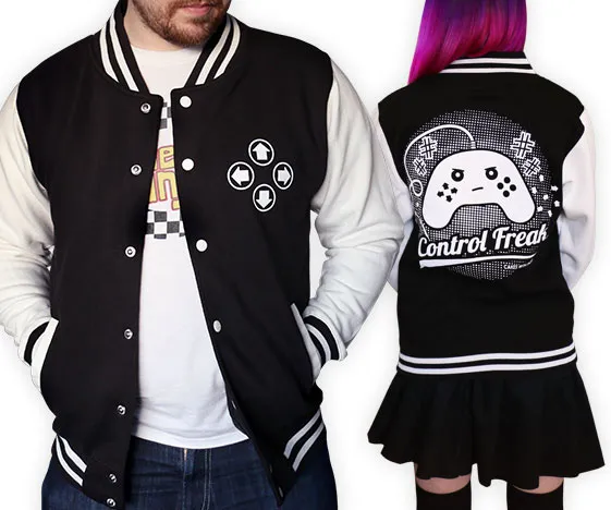 Unisex Varsity Jacket for Gamers: "Control Freak" | Cakes with Faces