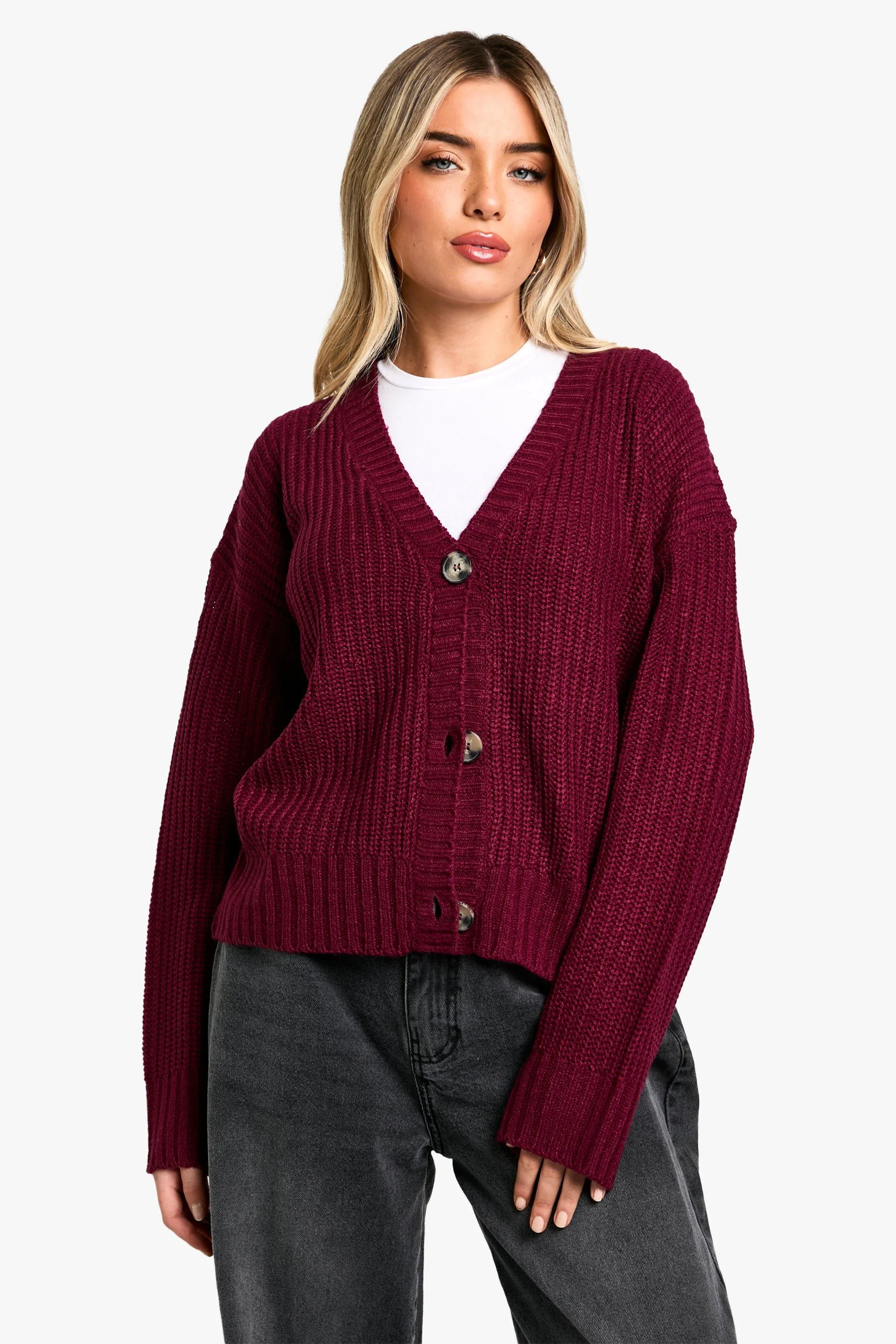 V Neck Rib Knit Cardigan In Burgundy