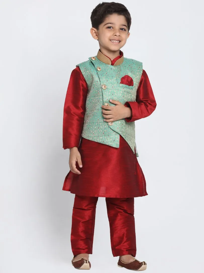 VASTRAMAY Boys' Maroon Silk Blend Kurta, Nehru Jacket and Pyjama Set