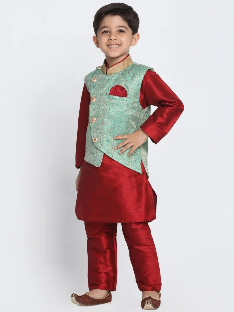 VASTRAMAY Boys' Maroon Silk Blend Kurta, Nehru Jacket and Pyjama Set