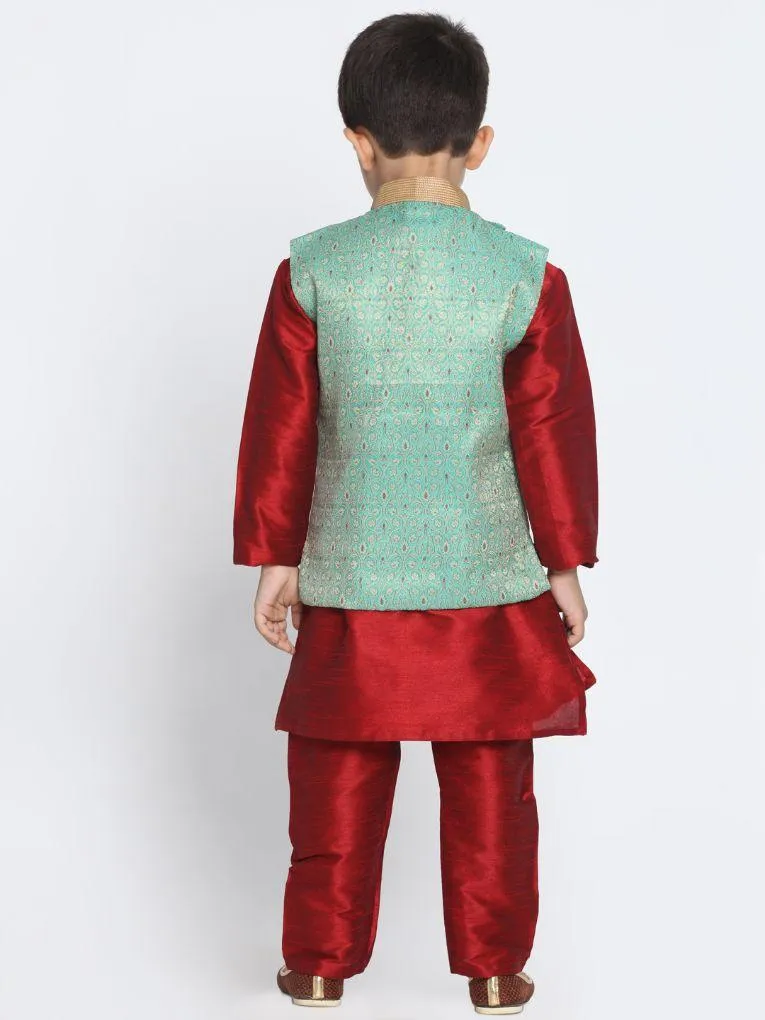 VASTRAMAY Boys' Maroon Silk Blend Kurta, Nehru Jacket and Pyjama Set