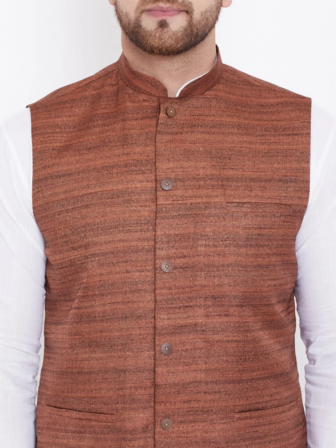 VASTRAMAY Brown Color Nehru Jacket And White Kurta Pyjama Baap Beta Set