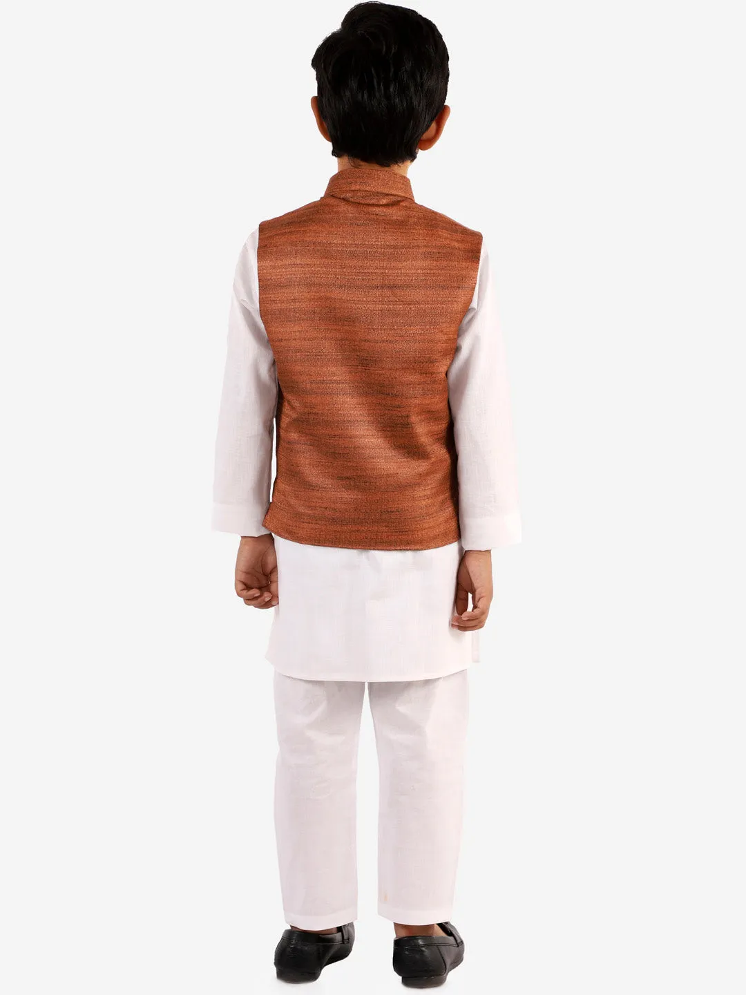 VASTRAMAY Brown Color Nehru Jacket And White Kurta Pyjama Baap Beta Set