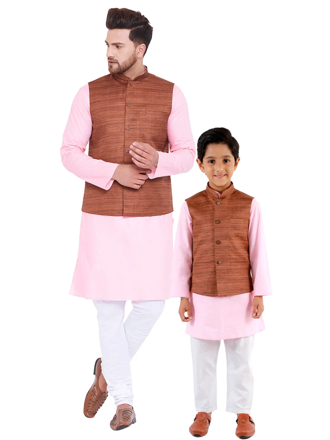 VASTRAMAY Brown, Pink And White Baap Beta Nehru Jacket Kurta Pyjama set