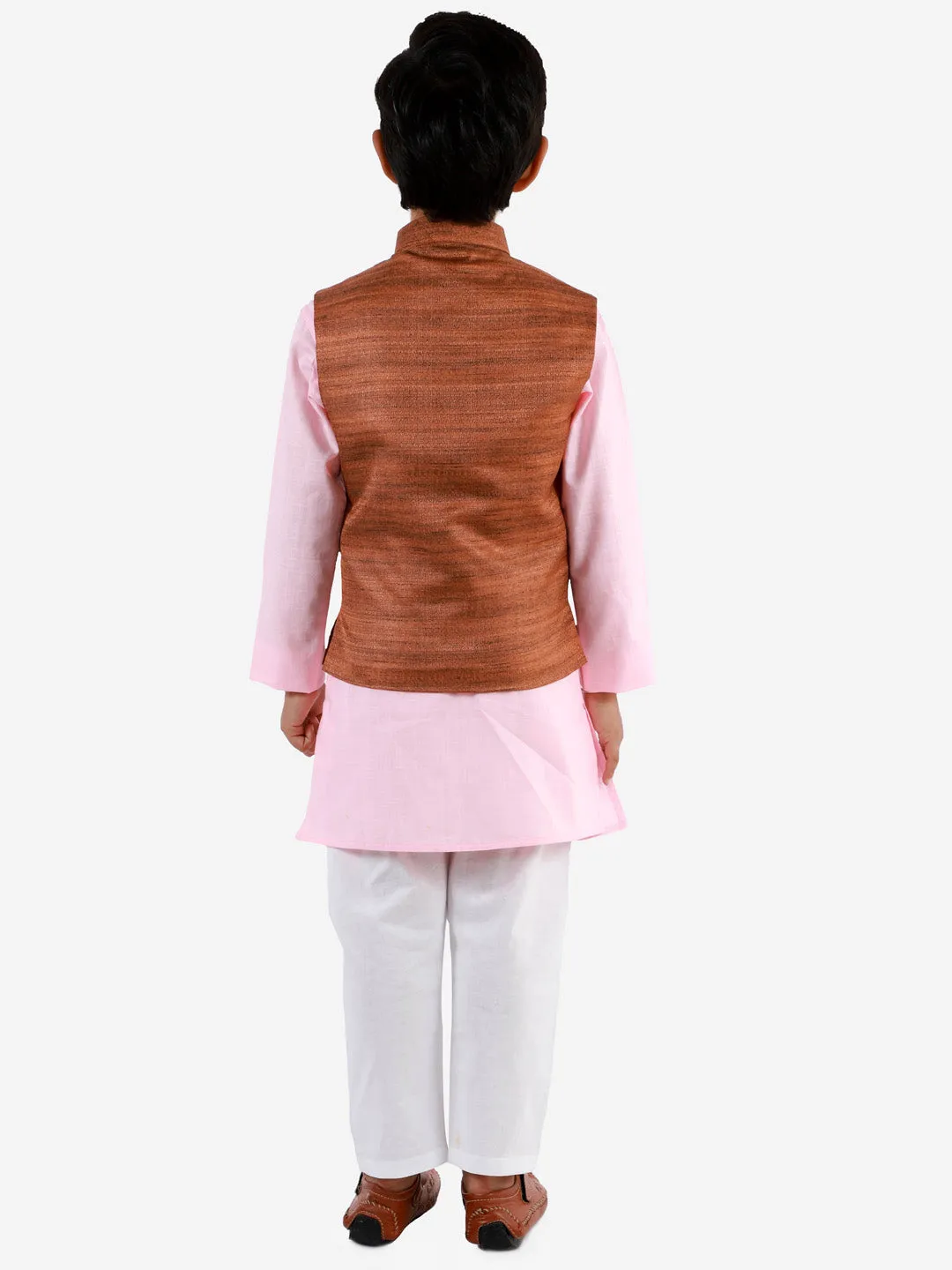 VASTRAMAY Brown, Pink And White Baap Beta Nehru Jacket Kurta Pyjama set