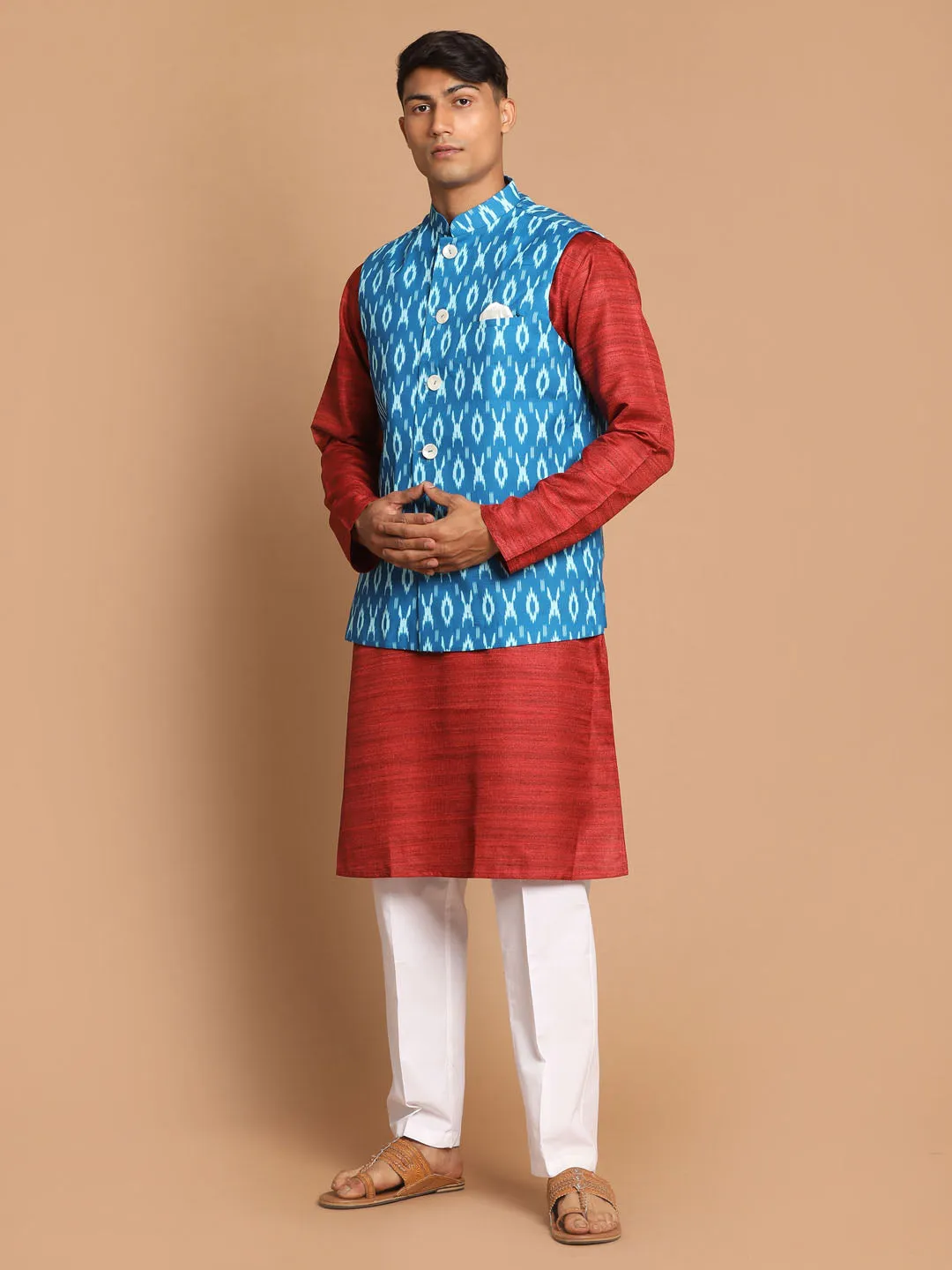 VASTRAMAY Men's Turquoise Cotton Nehru Jacket  With Maroon Kurta And Pyjama Set