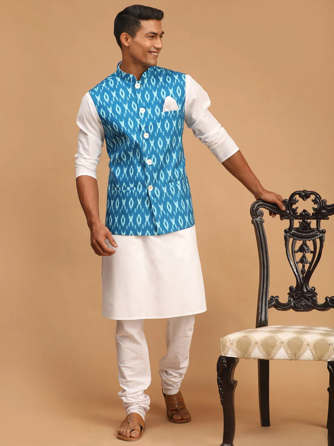 VASTRAMAY Men's Turquoise Cotton Nehru Jacket With White Kurta And Pyjama Set