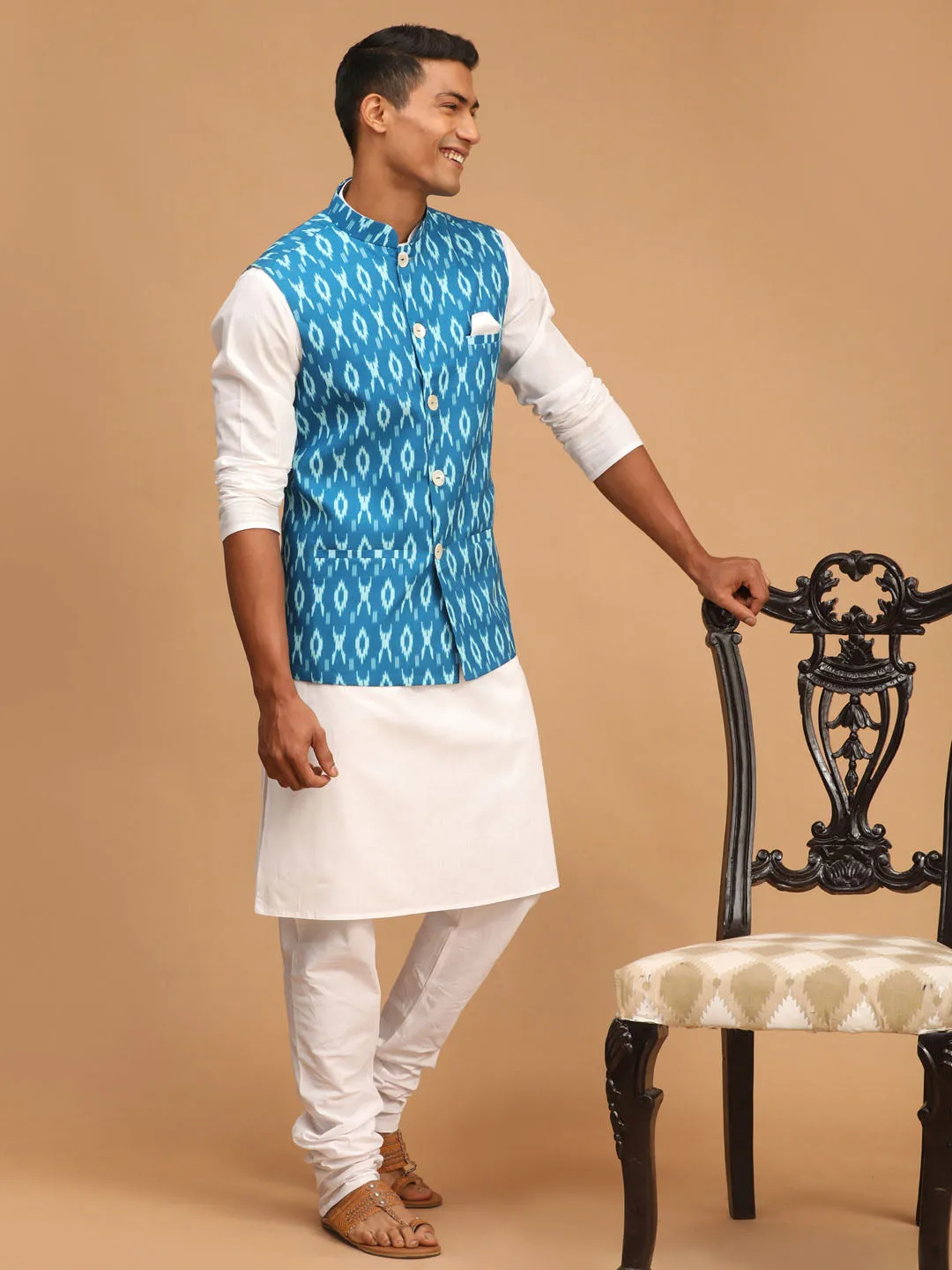 VASTRAMAY Men's Turquoise Cotton Nehru Jacket With White Kurta And Pyjama Set