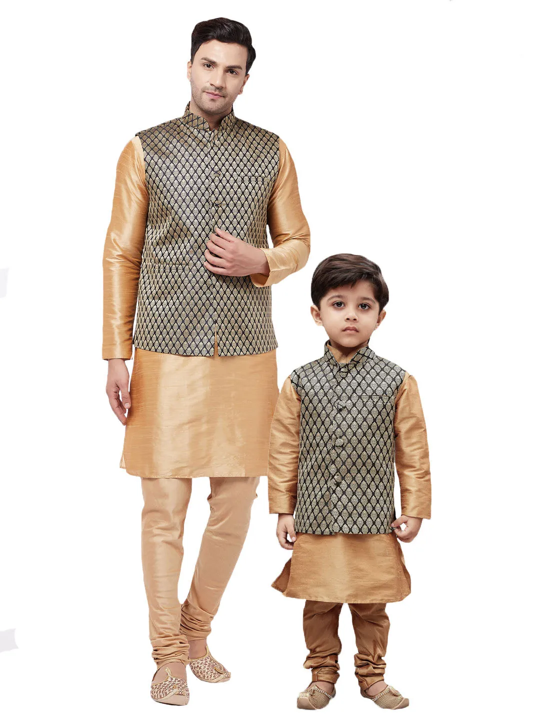 VASTRAMAY Silk Blend Black and Gold Baap Beta Jacket Kurta Pyjama Set