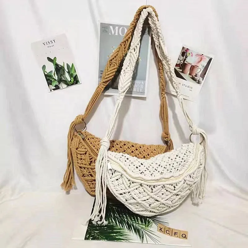 Vintage Cotton Straw Crochet Knitted Crossbody Purse Bag